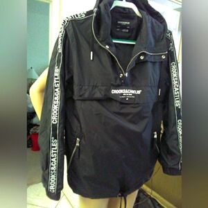 NWT Crooks & Castles Black Windbreaker W/ White Logo Stripes HOODIE PKTS. SZ. SM